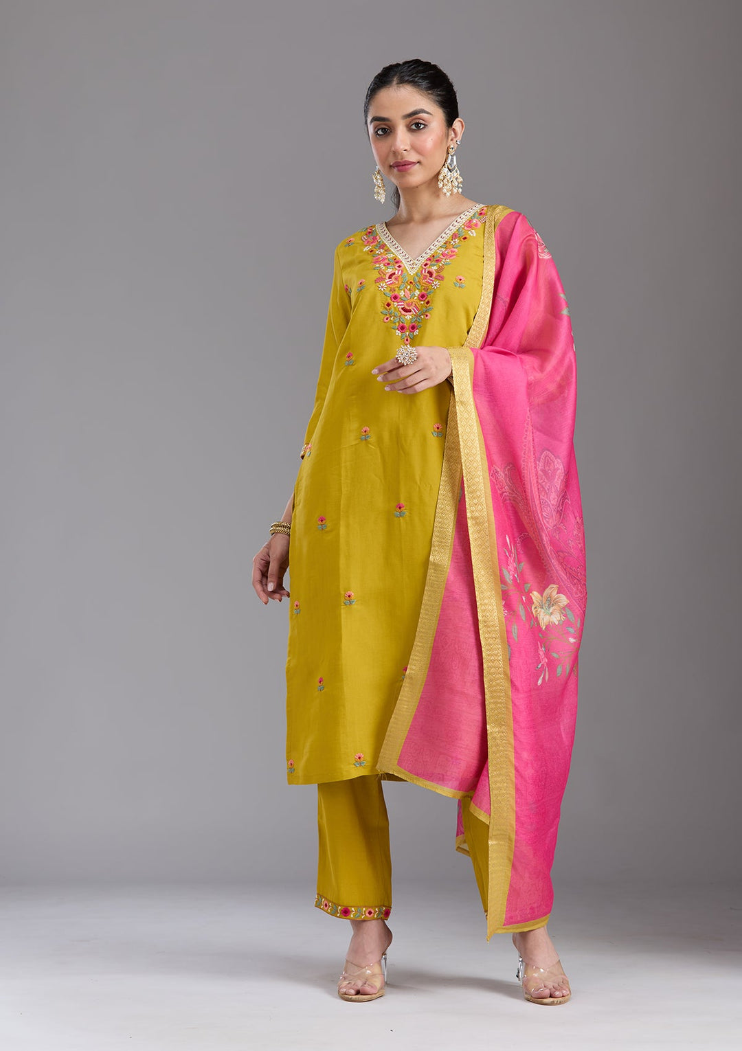Mustard Yellow Threadwork Chanderi Readymade Salwar Suit-koskii