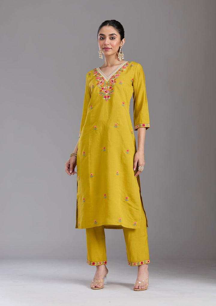 Mustard Yellow Threadwork Chanderi Readymade Salwar Suit