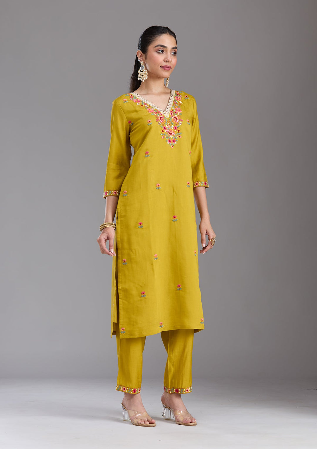 Mustard Yellow Threadwork Chanderi Readymade Salwar Suit-koskii