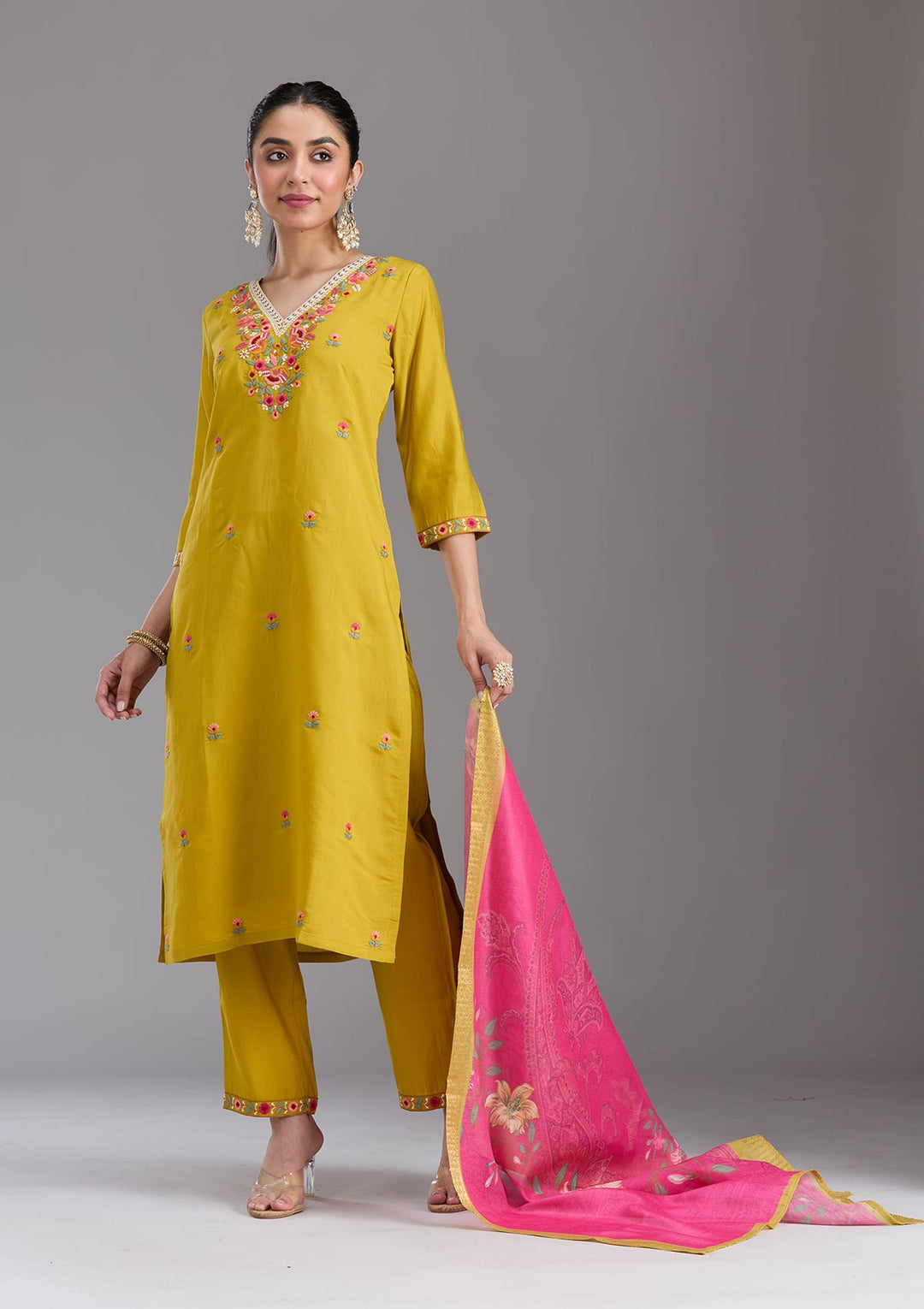 Mustard Yellow Threadwork Chanderi Readymade Salwar Suit-koskii