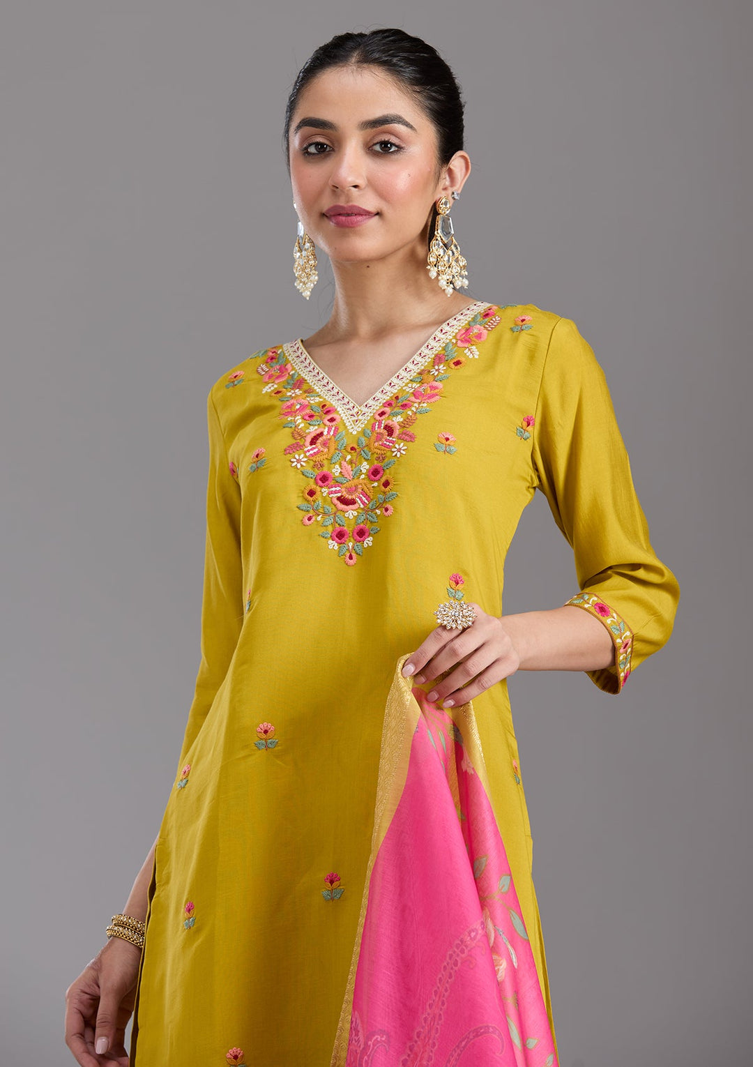 Mustard Yellow Threadwork Chanderi Readymade Salwar Suit-koskii