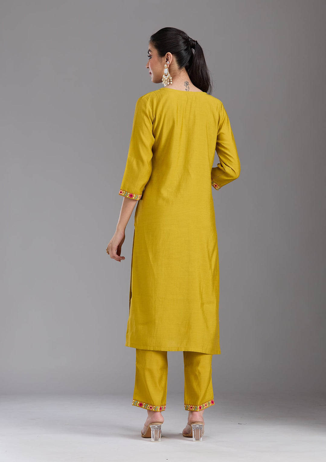 Mustard Yellow Threadwork Chanderi Readymade Salwar Suit-koskii