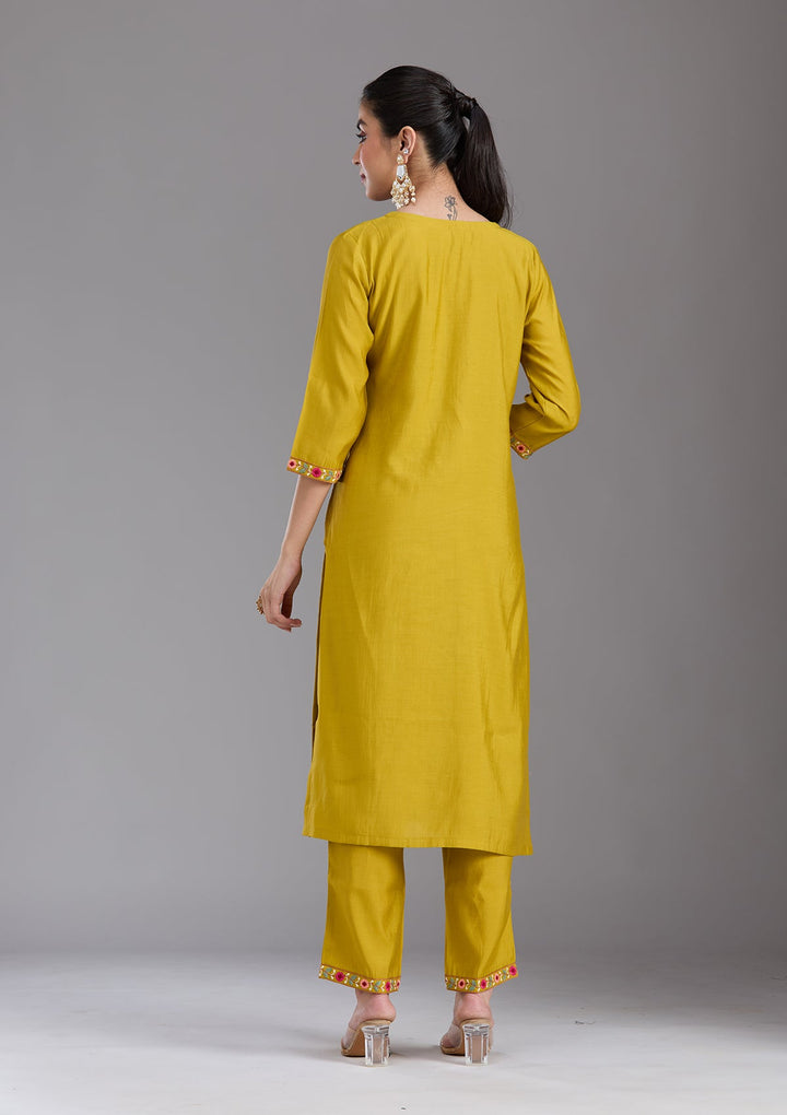 Mustard Yellow Threadwork Chanderi Readymade Salwar Suit-koskii