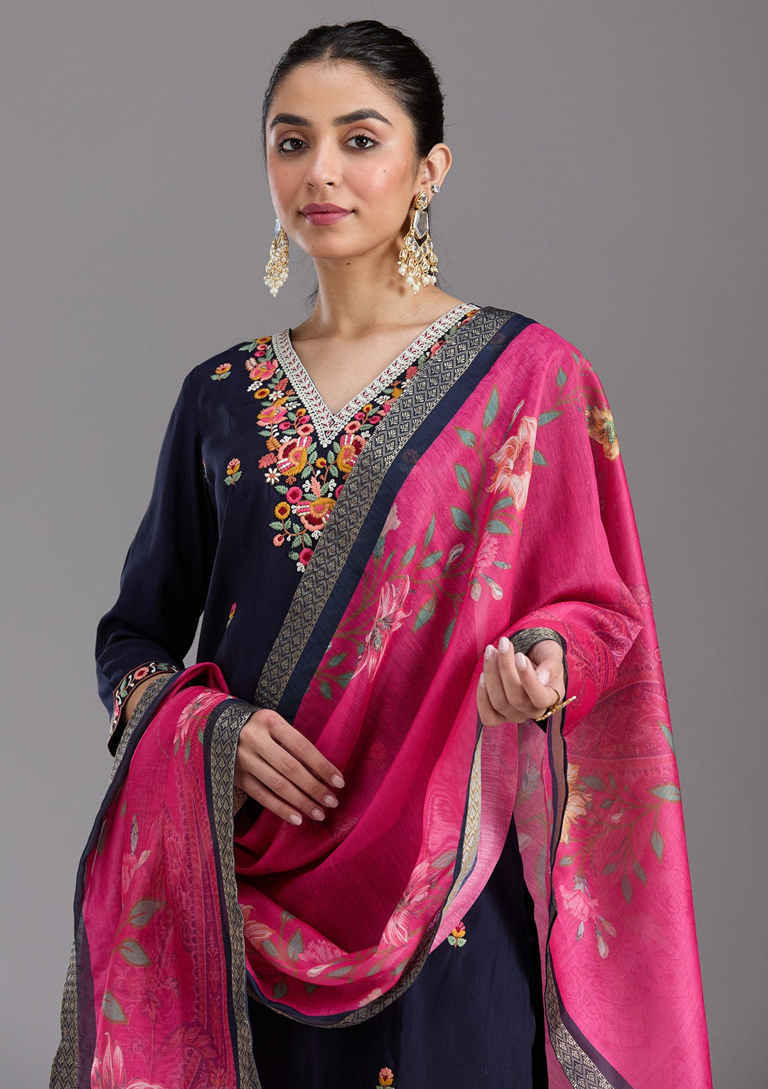 Navy Blue Threadwork Chanderi Readymade Salwar Suit-koskii