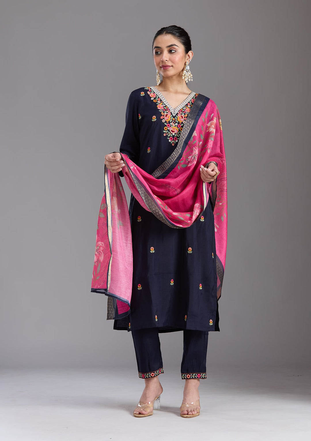 Navy Blue Threadwork Chanderi Readymade Salwar Suit-koskii