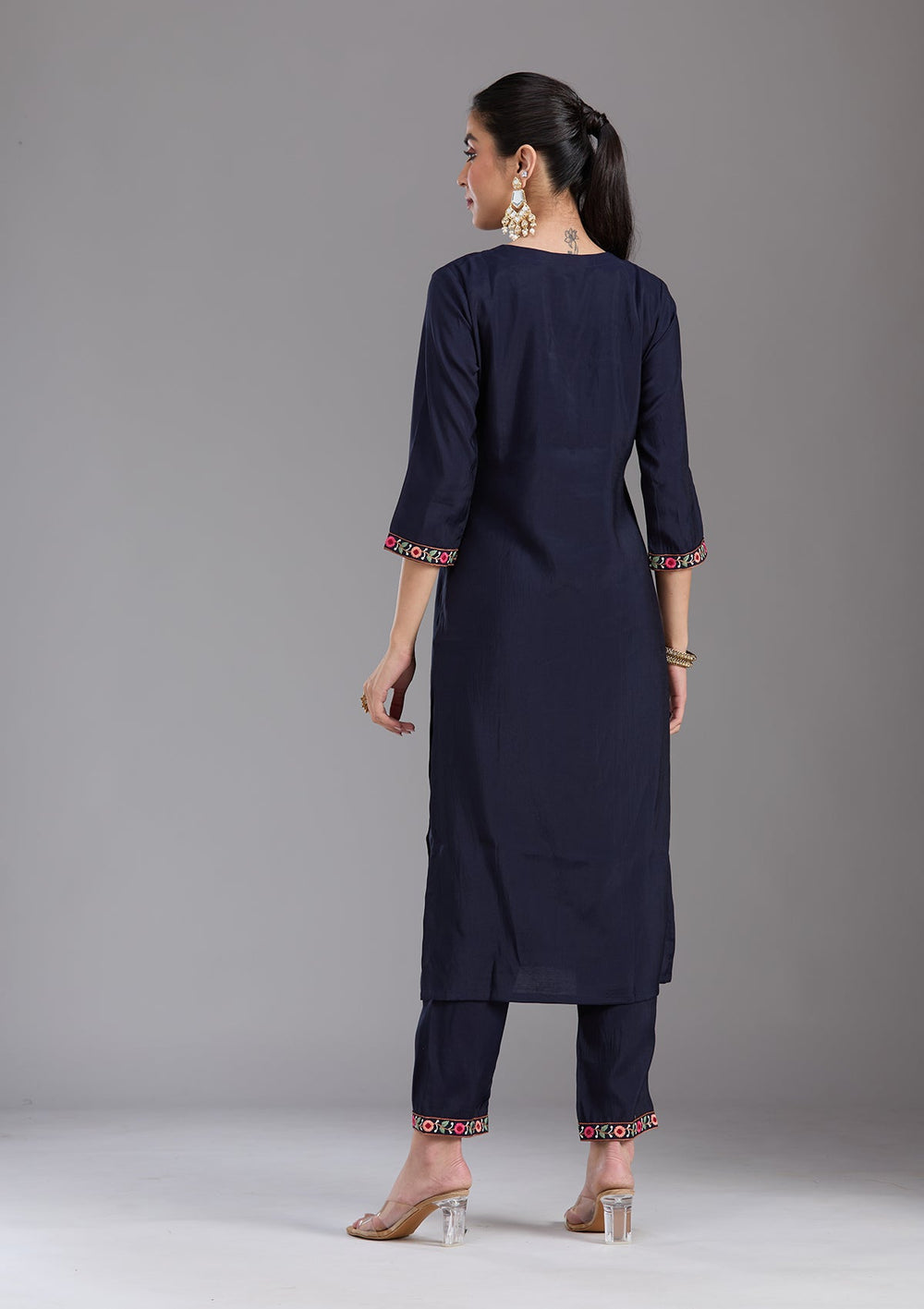 Navy Blue Threadwork Chanderi Readymade Salwar Suit-koskii