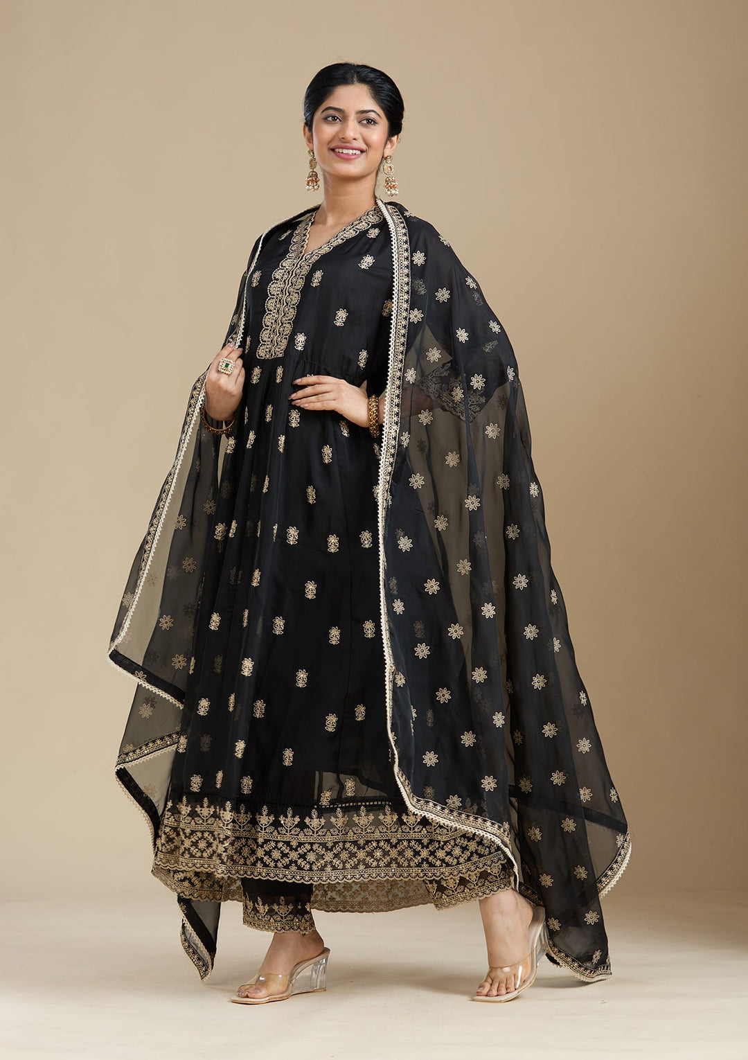 Black Zariwork (Gold) Organza Readymade Salwar Suit-Koskii