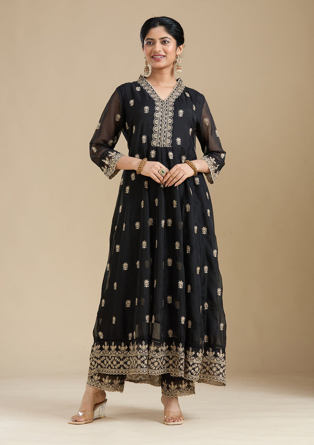 Black Zariwork (Gold) Organza Readymade Salwar Suit-Koskii