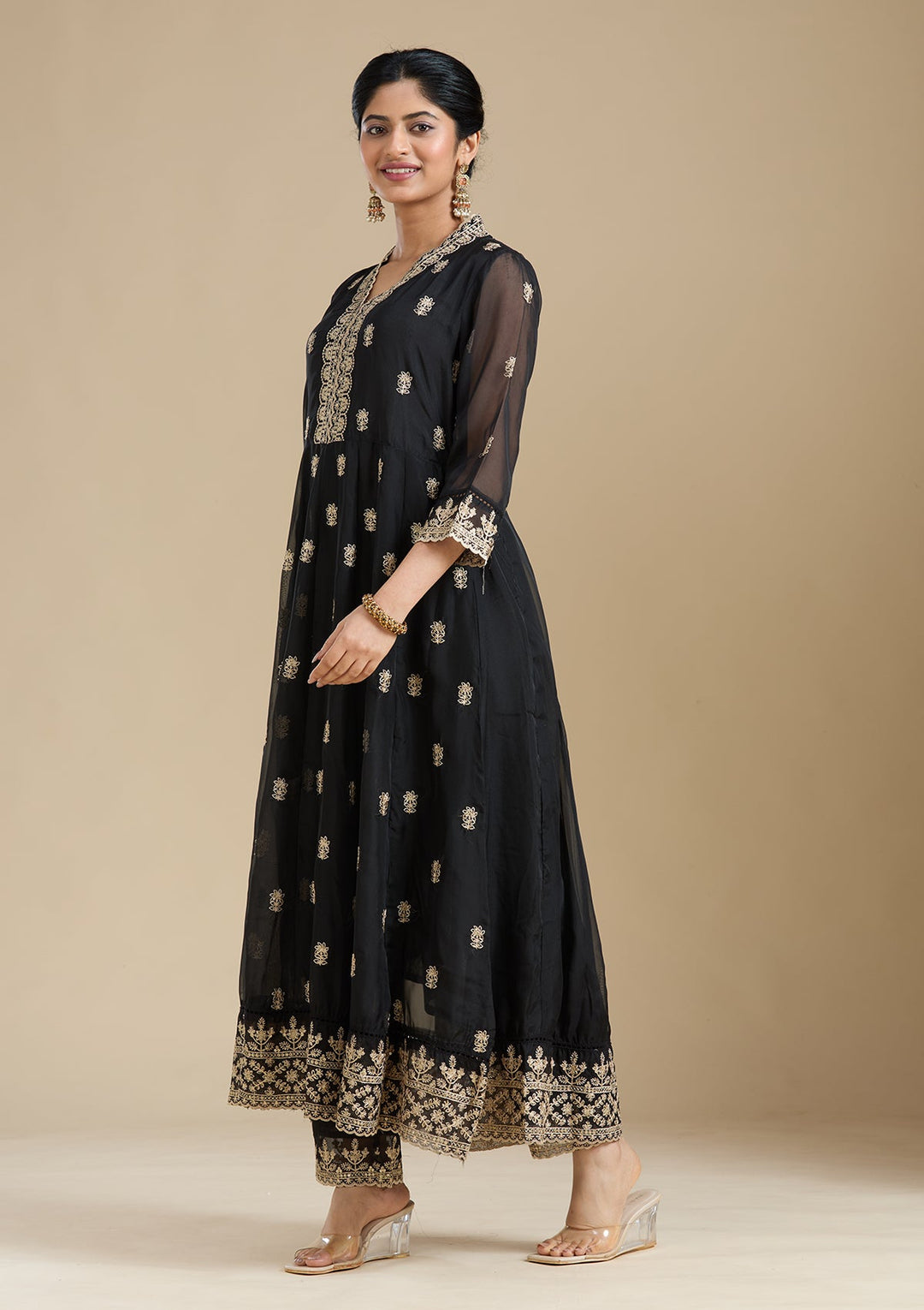 Black Zariwork (Gold) Organza Readymade Salwar Suit-Koskii