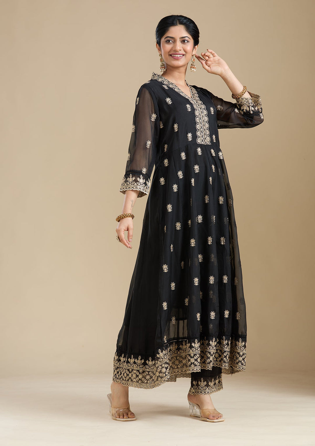 Black Zariwork (Gold) Organza Readymade Salwar Suit-Koskii