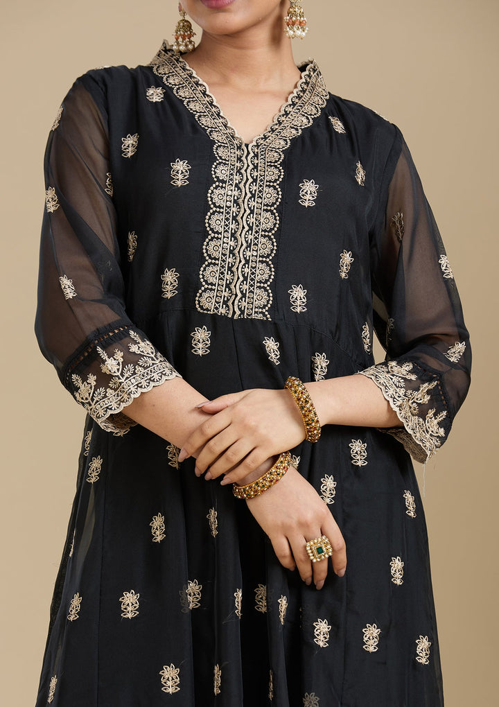 Black Zariwork (Gold) Organza Readymade Salwar Suit-Koskii