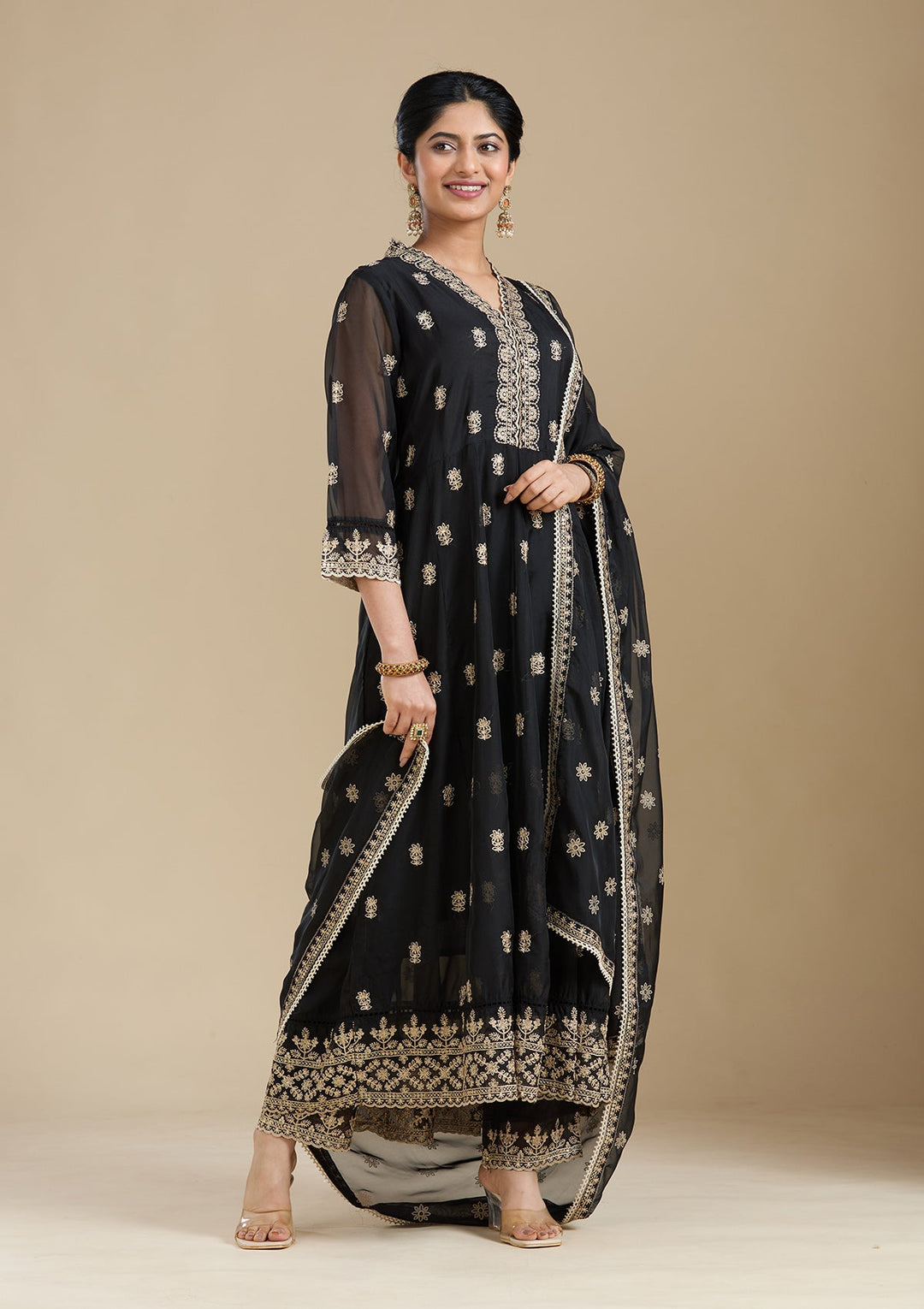 Black Zariwork (Gold) Organza Readymade Salwar Suit-Koskii