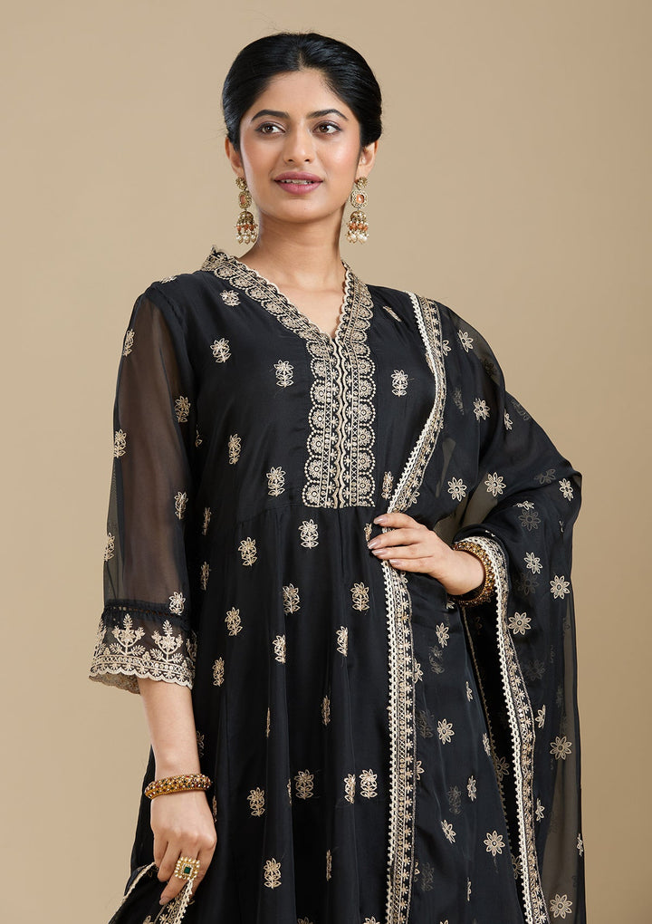 Black Zariwork (Gold) Organza Readymade Salwar Suit-Koskii