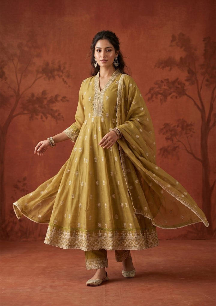 Mehandi Green Threadwork Organza Readymade Salwar Suit