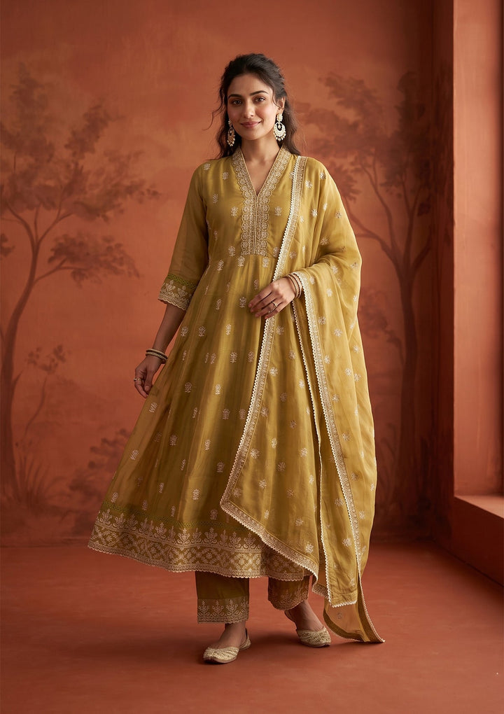 Mehandi Green Threadwork Organza Readymade Salwar Suit