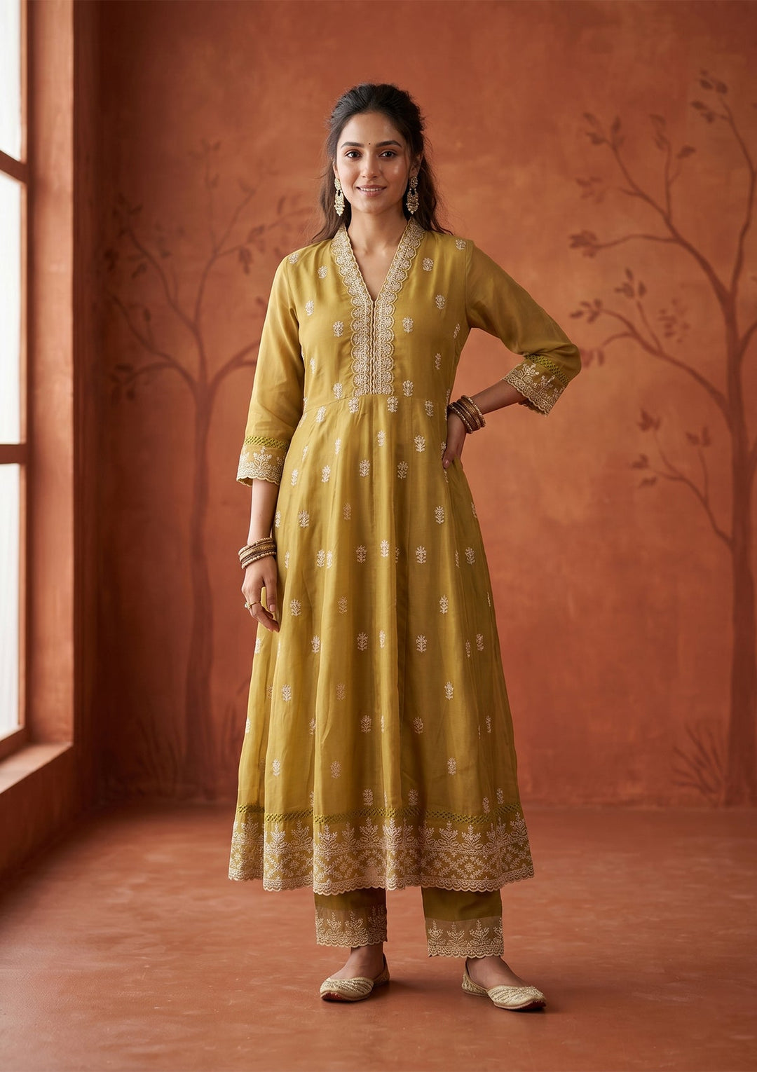 Mehandi Green Threadwork Organza Readymade Salwar Suit