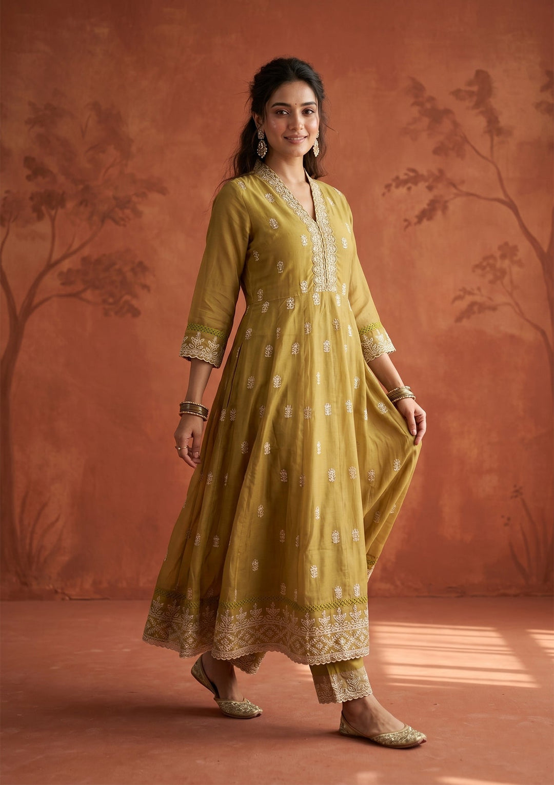 Mehandi Green Threadwork Organza Readymade Salwar Suit