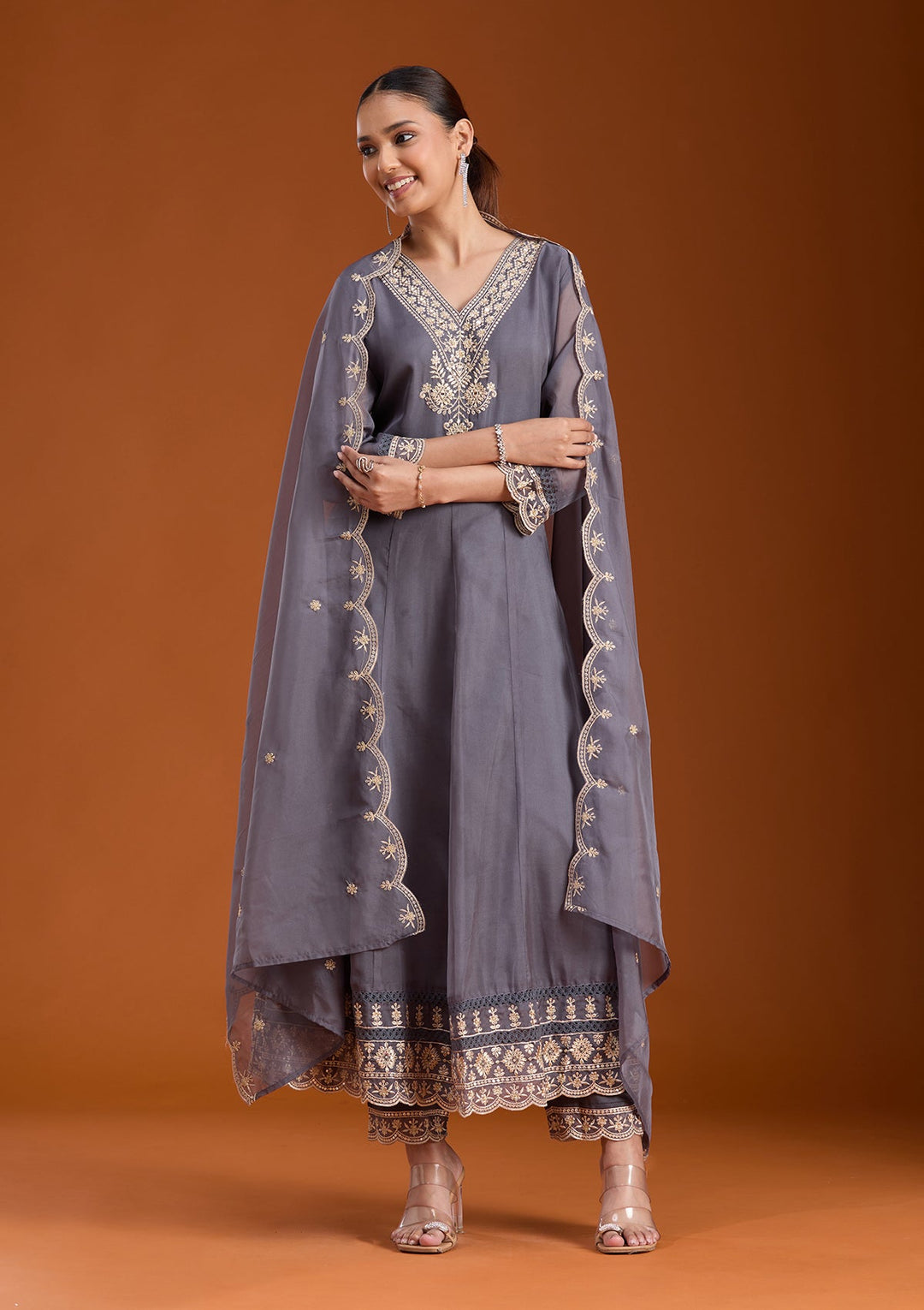 Grey Zariwork (Gold) Organza Readymade Salwar Suit-koskii