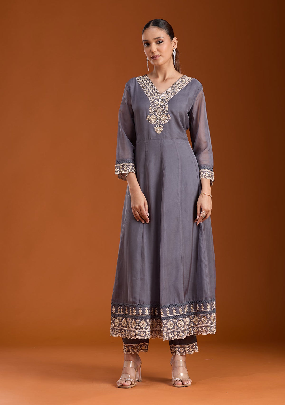 Grey Zariwork (Gold) Organza Readymade Salwar Suit-koskii