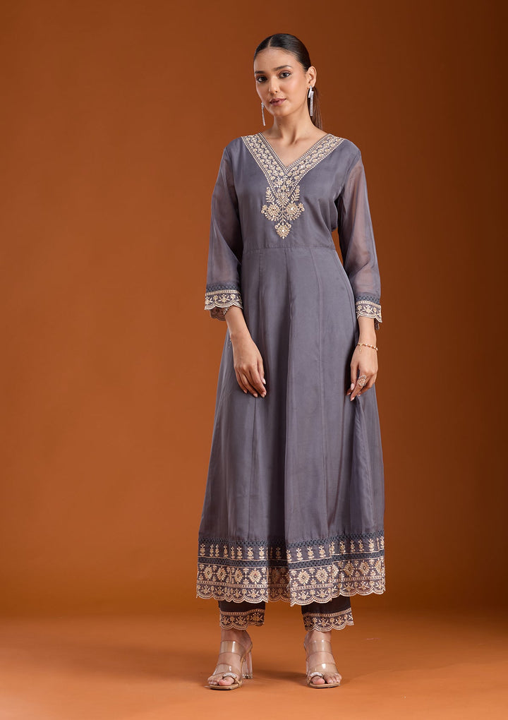 Grey Zariwork (Gold) Organza Readymade Salwar Suit-koskii