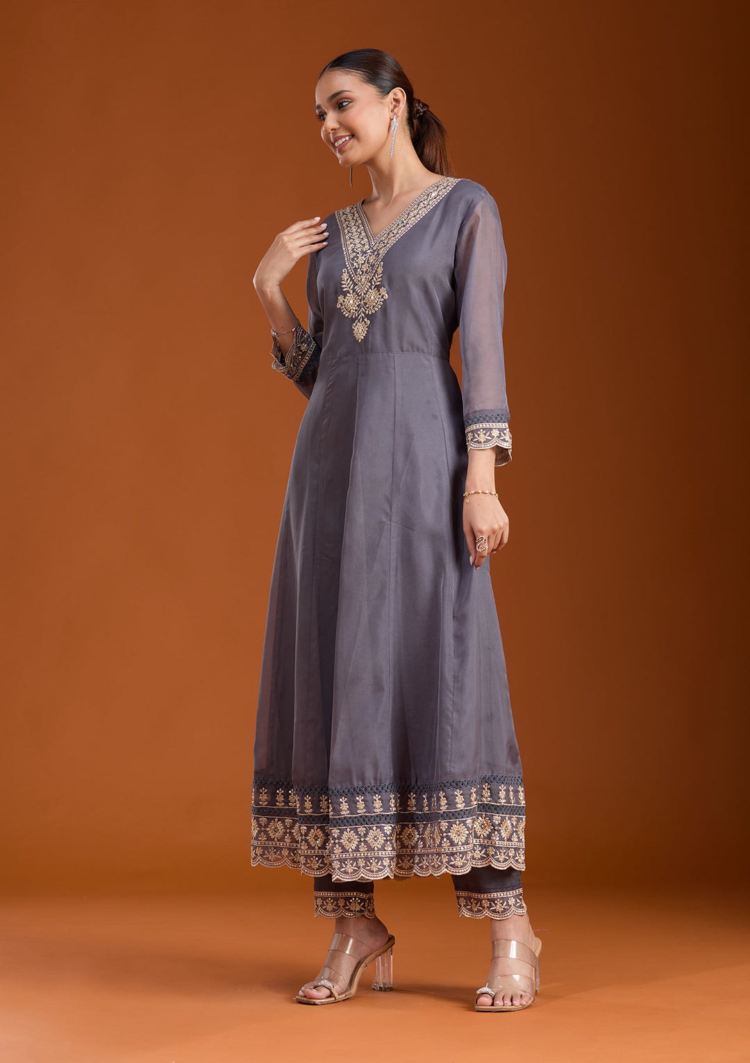 Grey Zariwork (Gold) Organza Readymade Salwar Suit-koskii