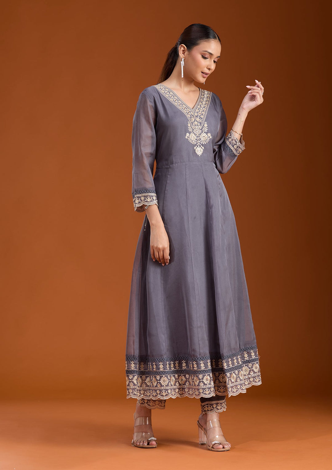 Grey Zariwork (Gold) Organza Readymade Salwar Suit-koskii