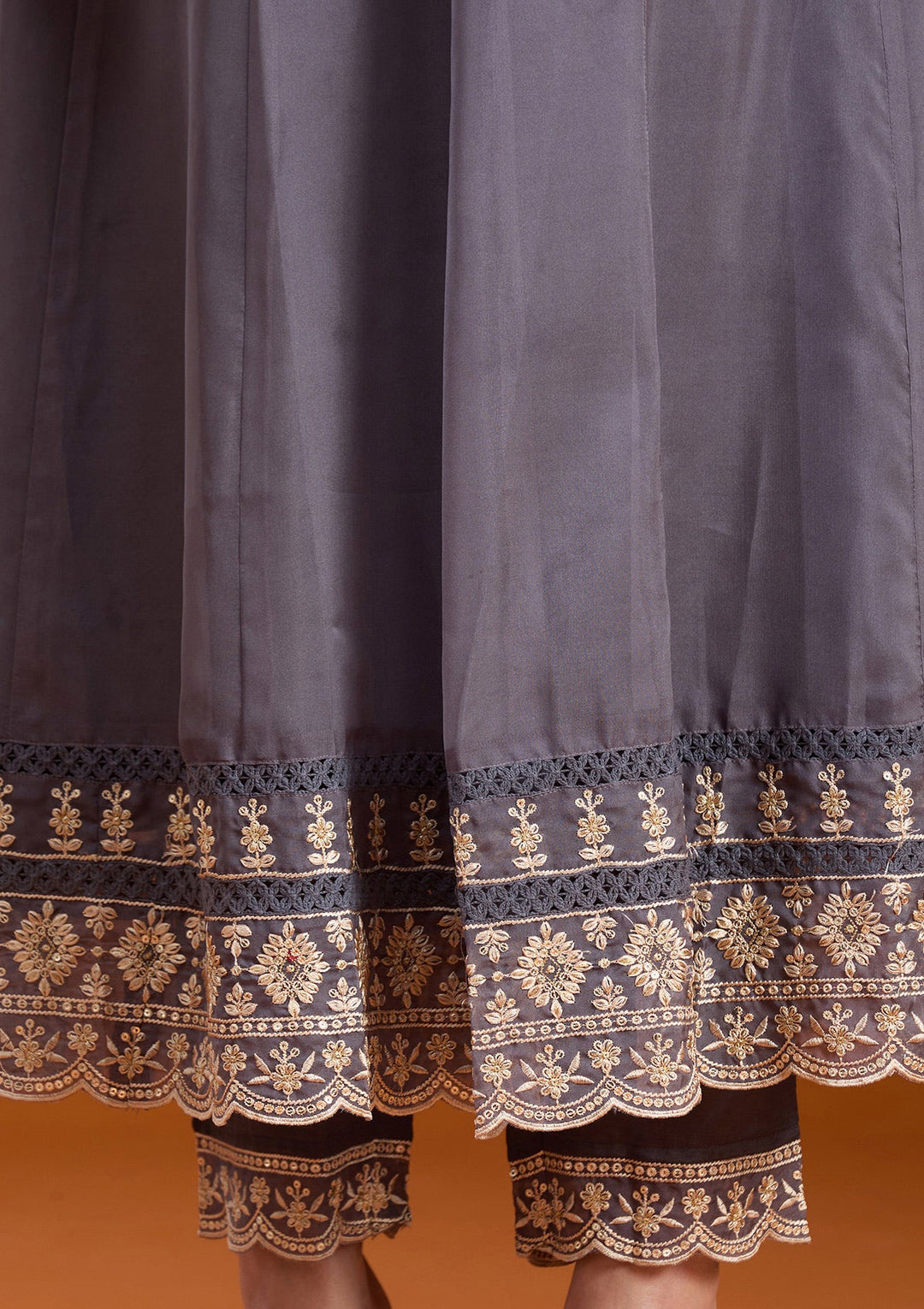 Grey Zariwork (Gold) Organza Readymade Salwar Suit-koskii