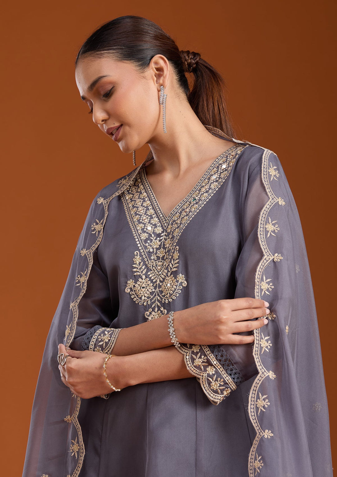 Grey Zariwork (Gold) Organza Readymade Salwar Suit-koskii