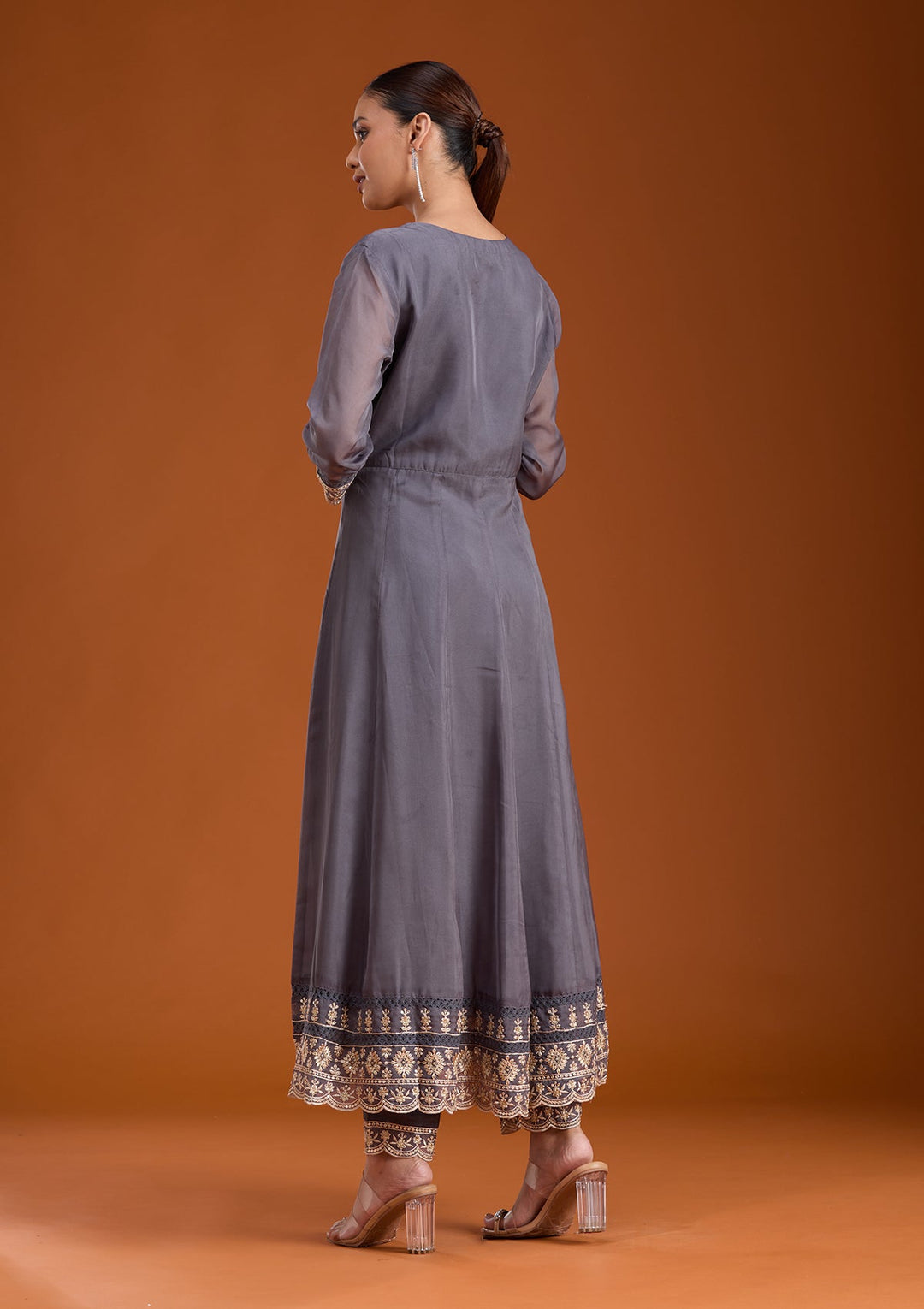 Grey Zariwork (Gold) Organza Readymade Salwar Suit-koskii