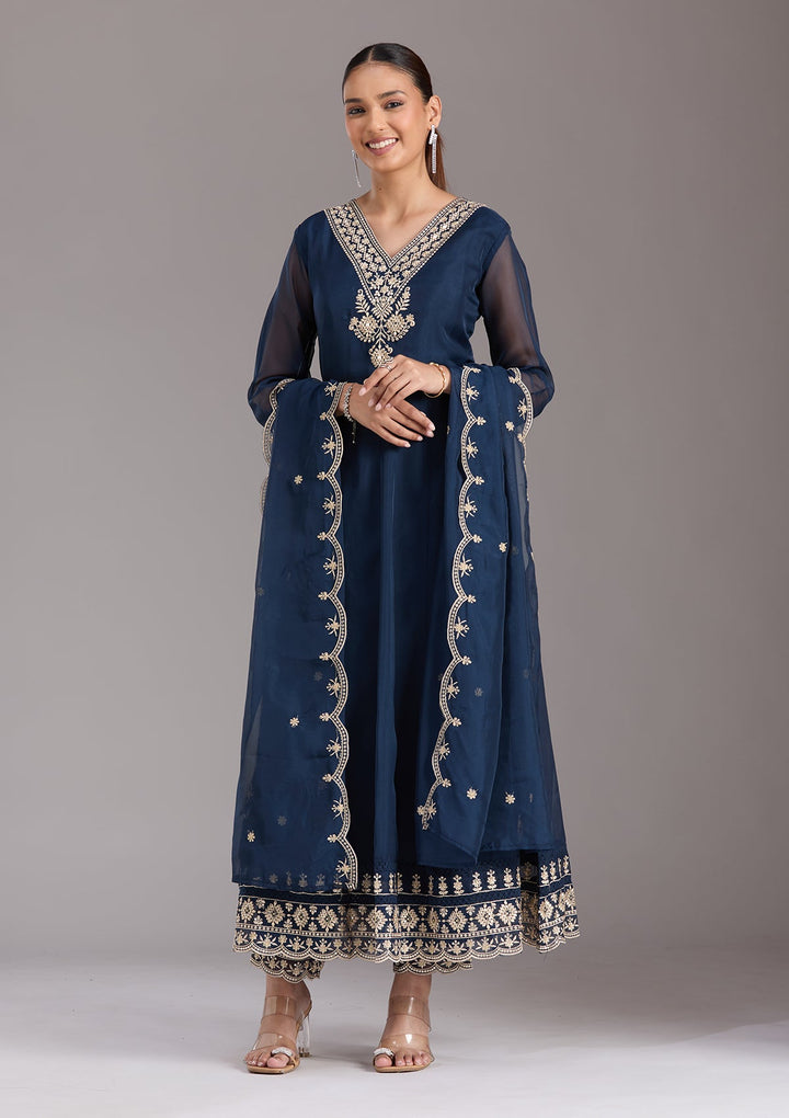 Navy Blue Zariwork (Gold) Organza Readymade Salwar Suit-koskii