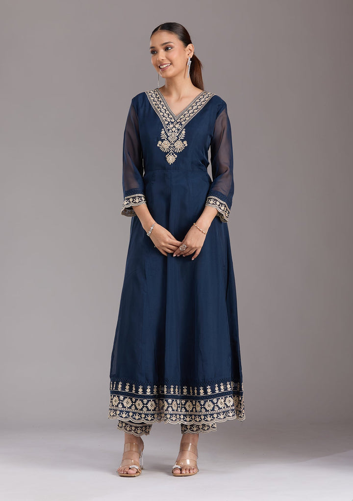 Navy Blue Zariwork (Gold) Organza Readymade Salwar Suit-koskii