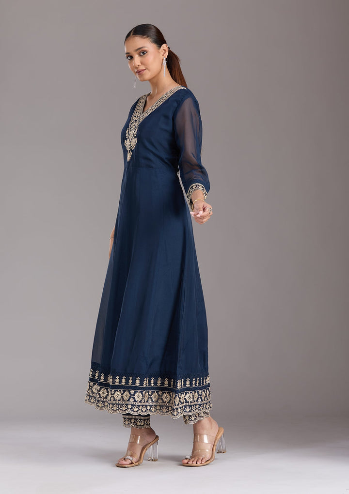 Navy Blue Zariwork (Gold) Organza Readymade Salwar Suit-koskii