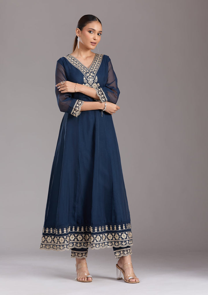 Navy Blue Zariwork (Gold) Organza Readymade Salwar Suit-koskii