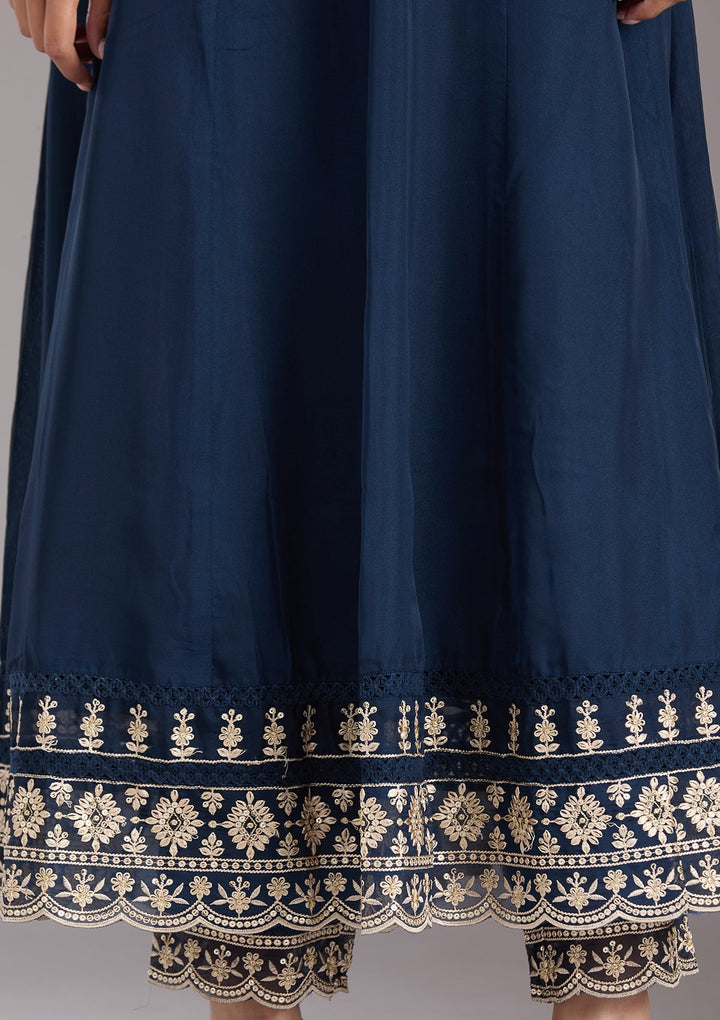 Navy Blue Zariwork (Gold) Organza Readymade Salwar Suit-koskii