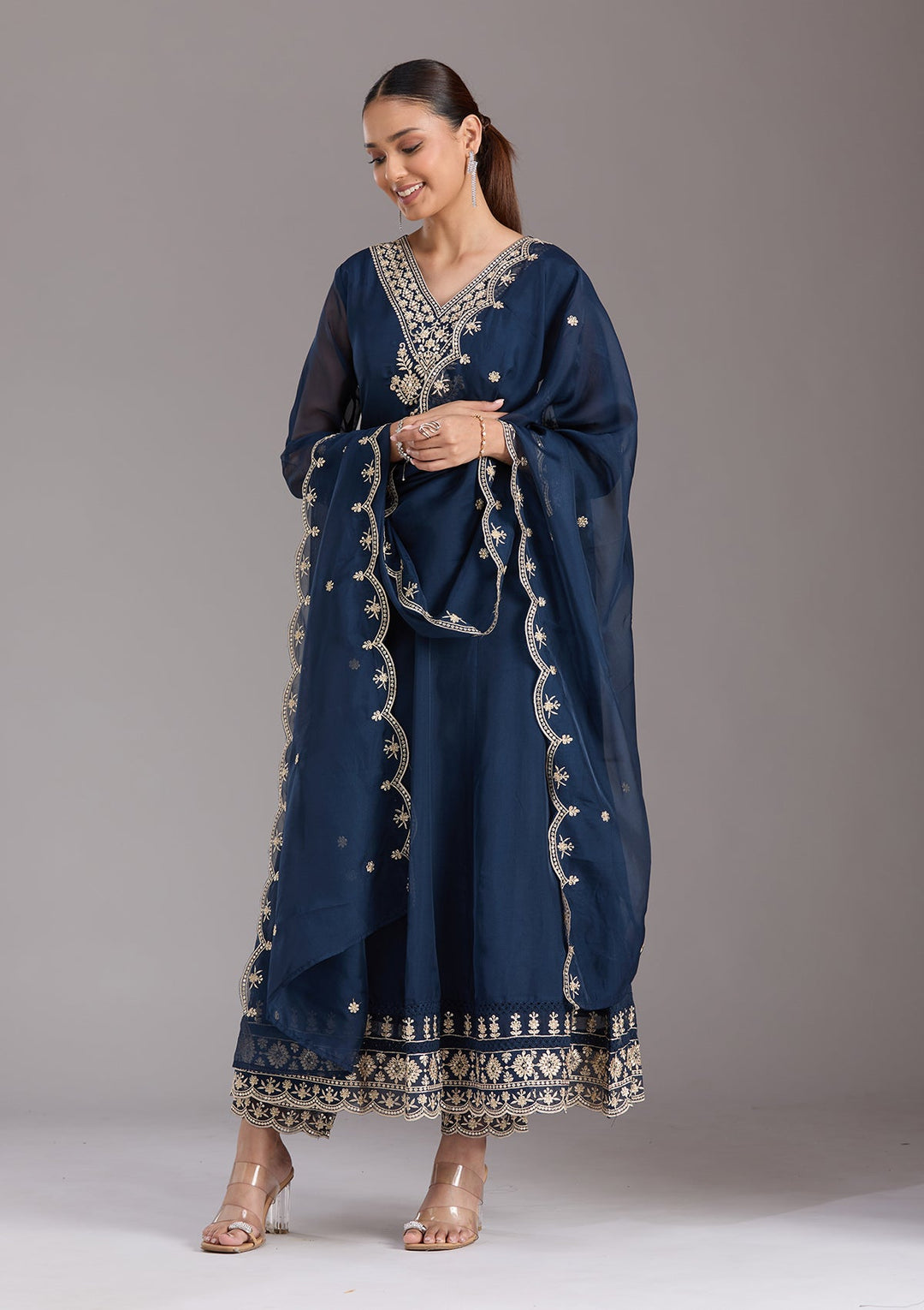Navy Blue Zariwork (Gold) Organza Readymade Salwar Suit-koskii