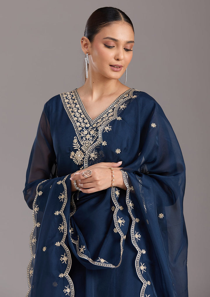 Navy Blue Zariwork (Gold) Organza Readymade Salwar Suit-koskii