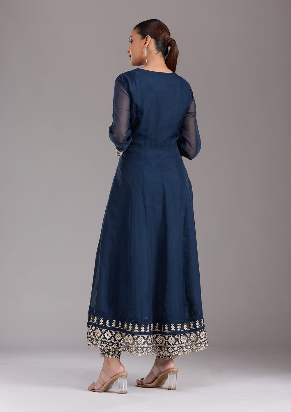 Navy Blue Zariwork (Gold) Organza Readymade Salwar Suit-koskii