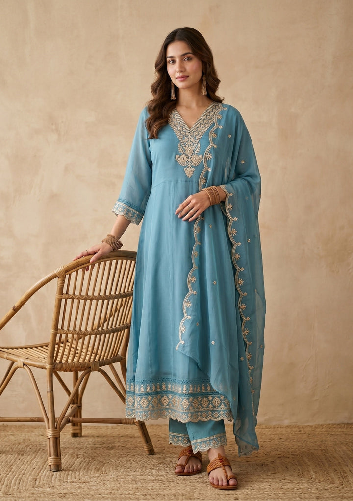 Sky Blue Threadwork Organza Readymade Salwar Suit