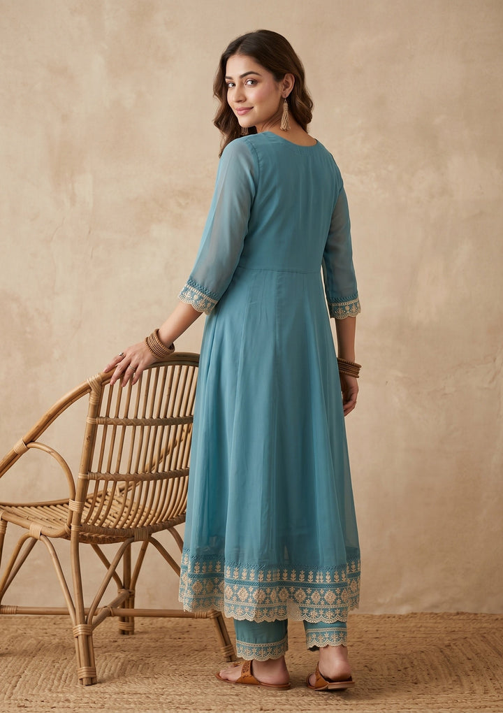 Sky Blue Threadwork Organza Readymade Salwar Suit