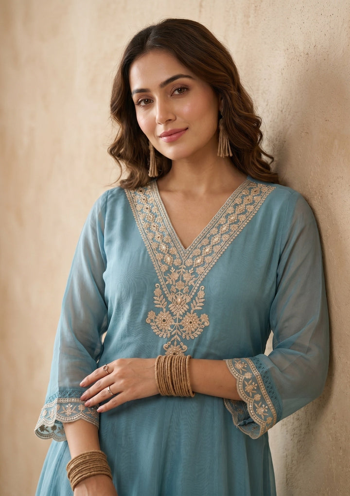 Sky Blue Threadwork Organza Readymade Salwar Suit