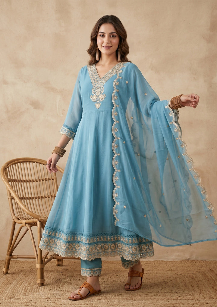 Sky Blue Threadwork Organza Readymade Salwar Suit