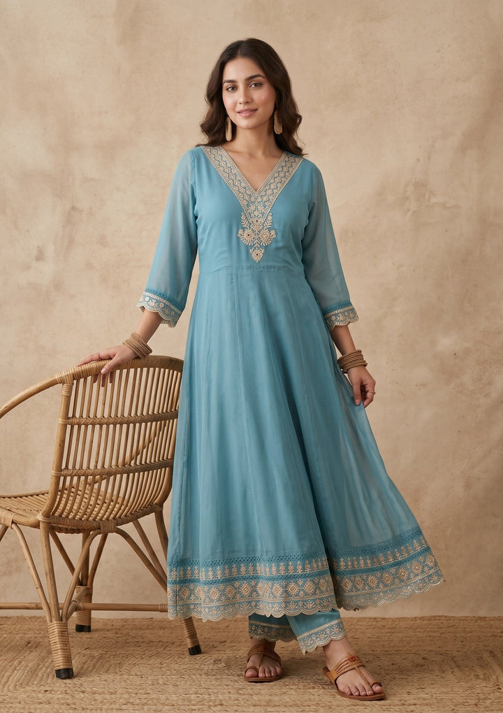 Sky Blue Threadwork Organza Readymade Salwar Suit