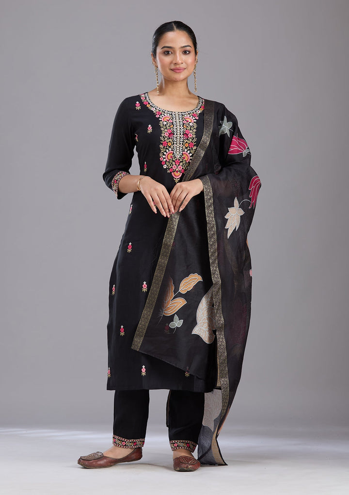 Black Threadwork Chanderi Readymade Salwar Suit-koskii