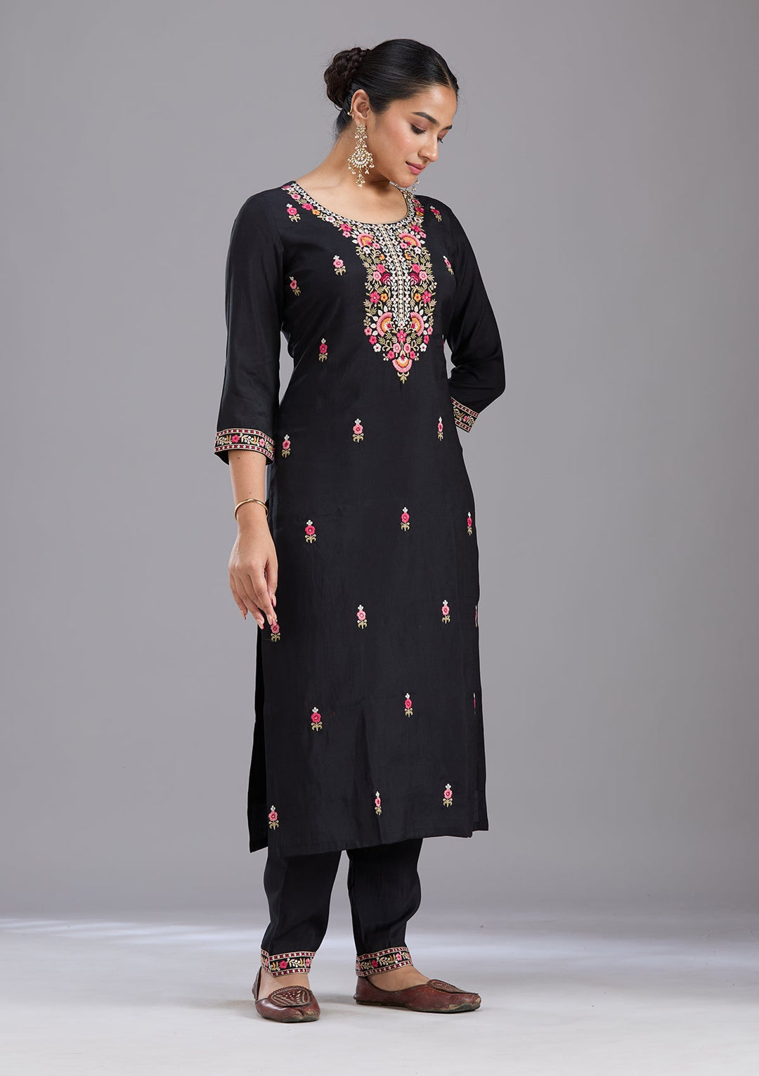 Black Threadwork Chanderi Readymade Salwar Suit-koskii