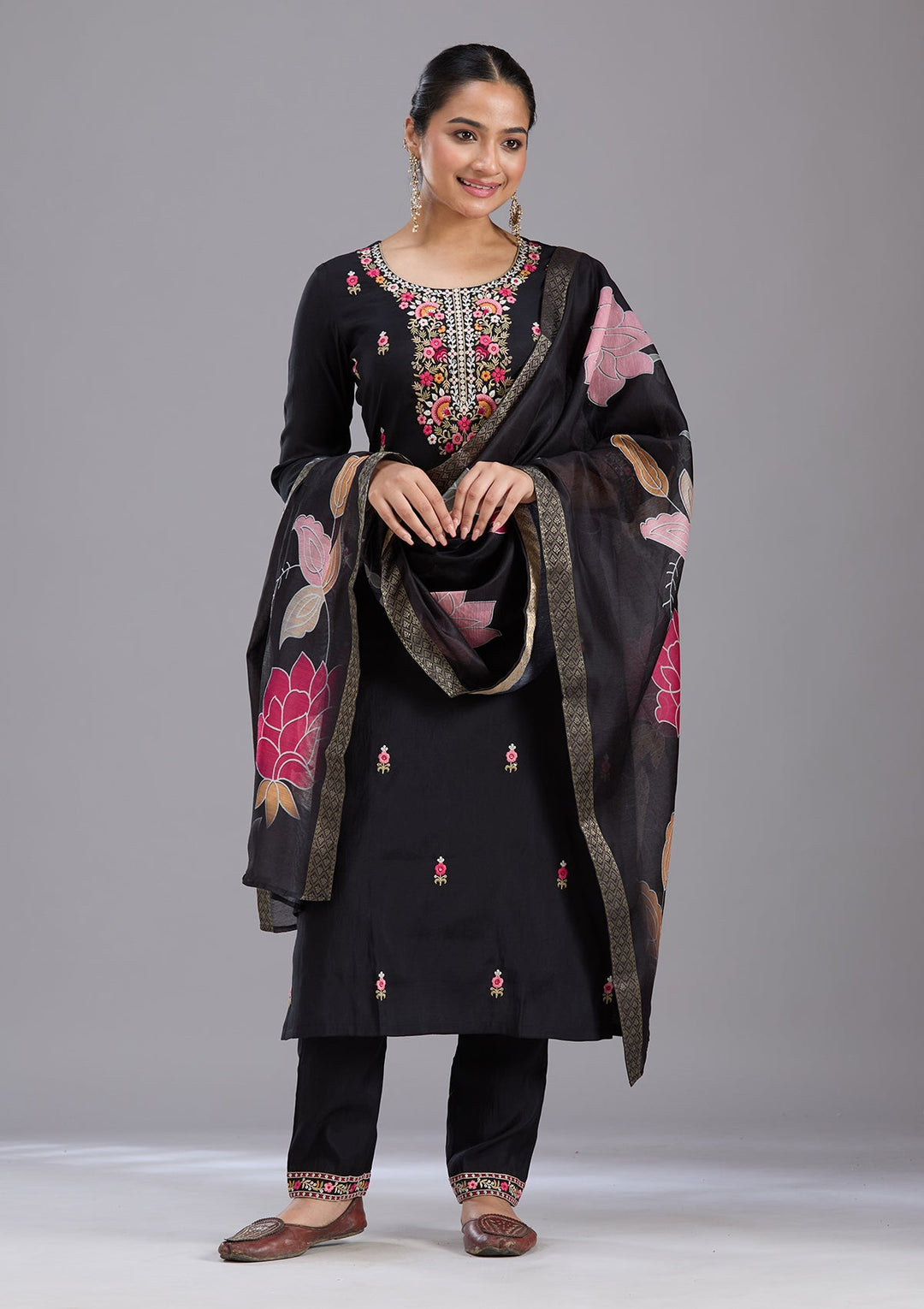 Black Threadwork Chanderi Readymade Salwar Suit-koskii