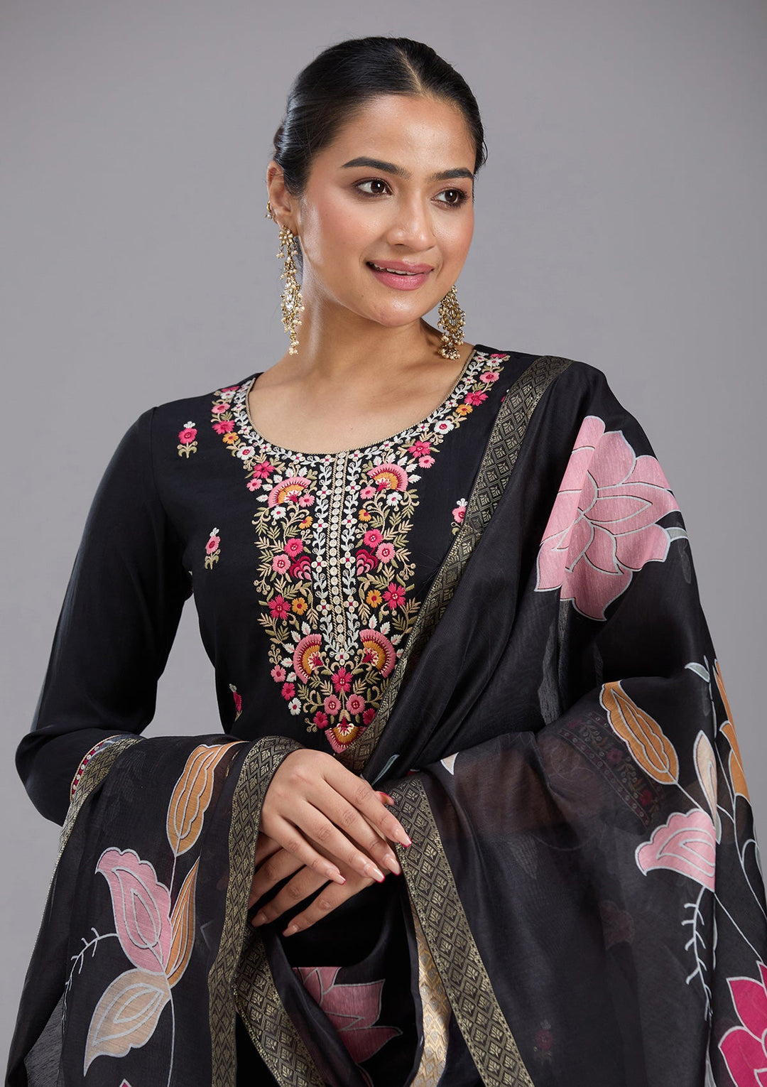 Black Threadwork Chanderi Readymade Salwar Suit-koskii