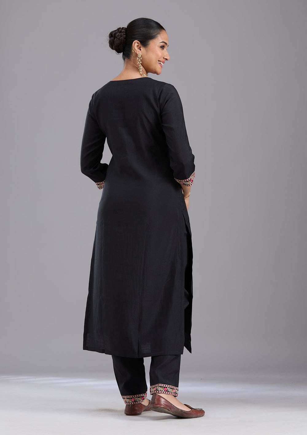 Black Threadwork Chanderi Readymade Salwar Suit-koskii