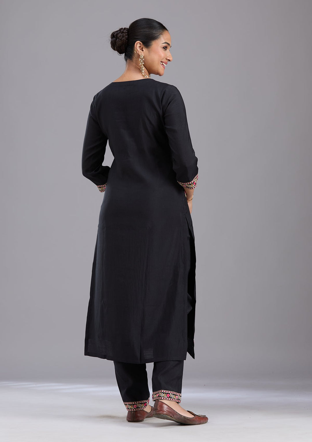 Black Threadwork Chanderi Readymade Salwar Suit-koskii