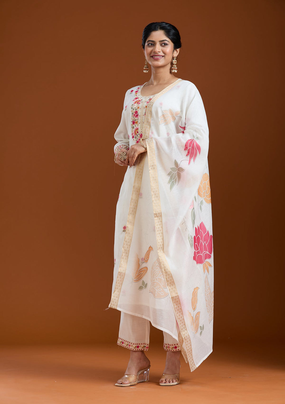 White Threadwork Chanderi Readymade Salwar Suit-Koskii