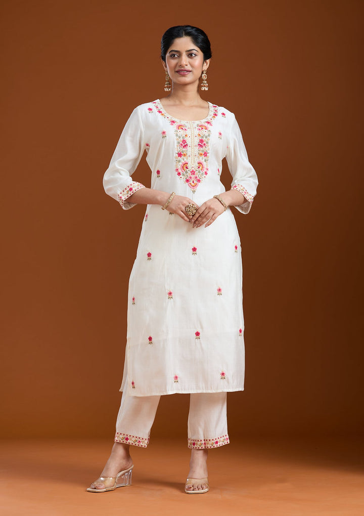 White Threadwork Chanderi Readymade Salwar Suit-Koskii